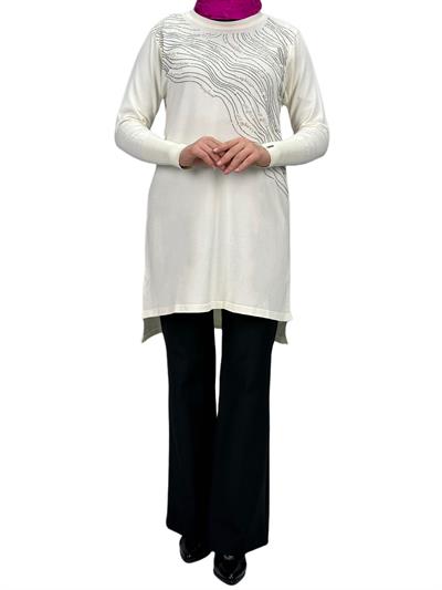 Taşlı Merserize Triko Tunik Ekru OTW121