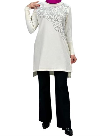 Taşlı Merserize Triko Tunik Ekru OTW121