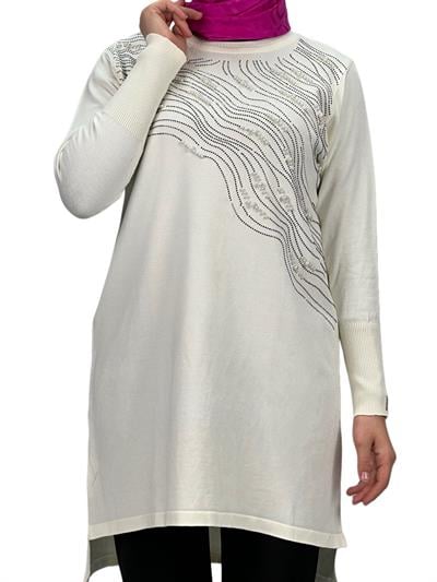 Taşlı Merserize Triko Tunik Ekru OTW121