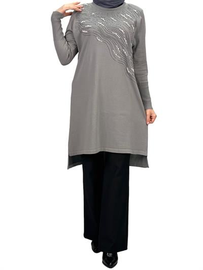 Taşlı Merserize Triko Tunik Gri OTW121