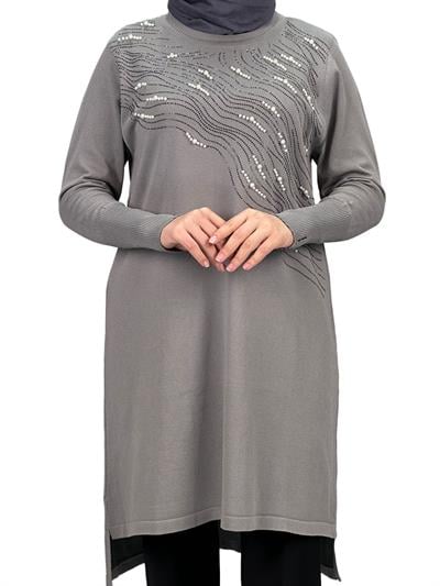 Taşlı Merserize Triko Tunik Gri OTW121