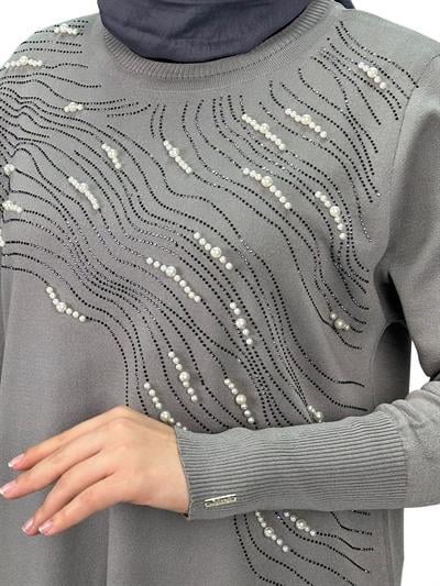 Taşlı Merserize Triko Tunik Gri OTW121