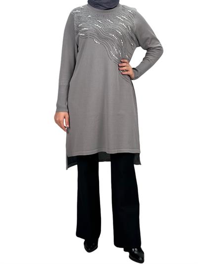 Taşlı Merserize Triko Tunik Gri OTW121