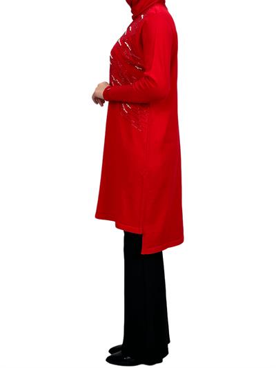 Taşlı Merserize Triko Tunik Kırmızı OTW121