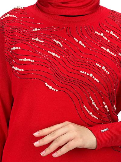 Taşlı Merserize Triko Tunik Kırmızı OTW121