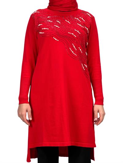 Taşlı Merserize Triko Tunik Kırmızı OTW121