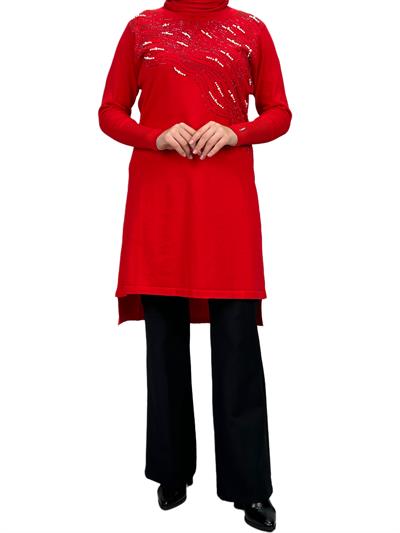 Taşlı Merserize Triko Tunik Kırmızı OTW121