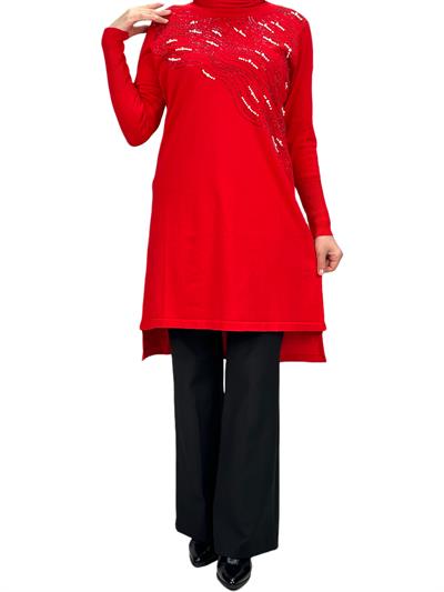 Taşlı Merserize Triko Tunik Kırmızı OTW121