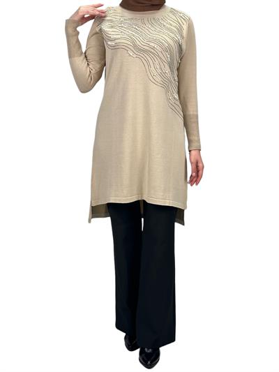 Taşlı Merserize Triko Tunik Krem OTW121