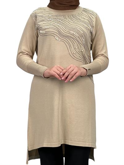 Taşlı Merserize Triko Tunik Krem OTW121