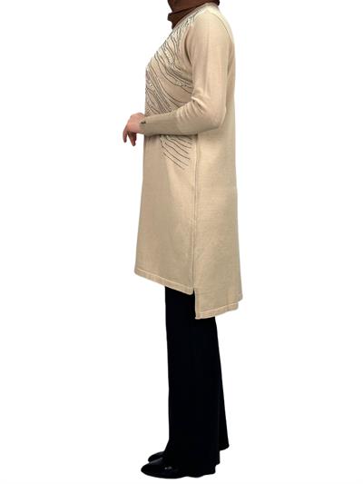 Taşlı Merserize Triko Tunik Krem OTW121