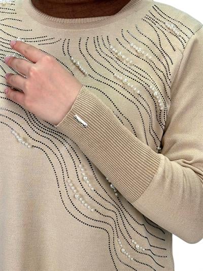 Taşlı Merserize Triko Tunik Krem OTW121