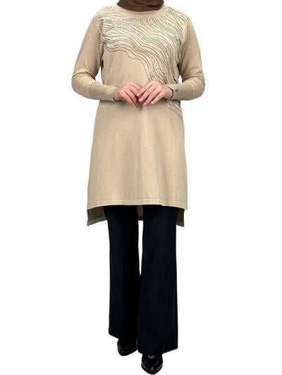 Taşlı Merserize Triko Tunik Krem OTW121