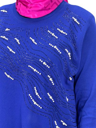 Taşlı Merserize Triko Tunik Mavi OTW121