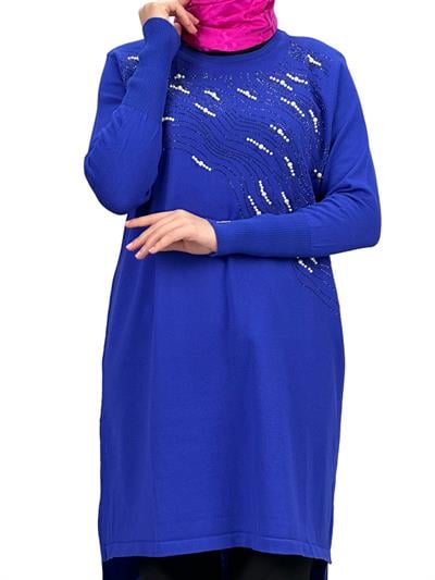 Taşlı Merserize Triko Tunik Mavi OTW121