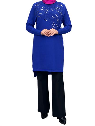 Taşlı Merserize Triko Tunik Mavi OTW121