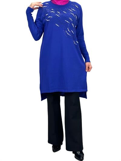 Taşlı Merserize Triko Tunik Mavi OTW121