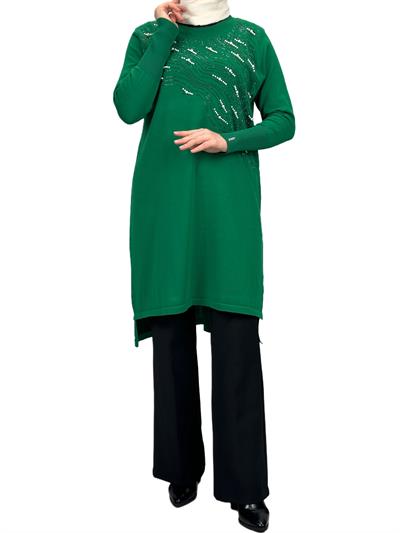 Taşlı Merserize Triko Tunik Yeşil OTW121