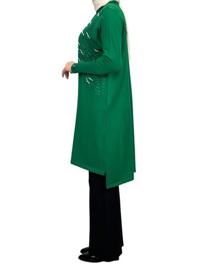 Taşlı Merserize Triko Tunik Yeşil OTW121