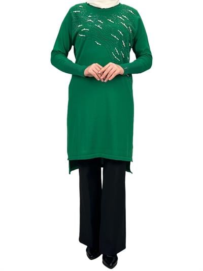 Taşlı Merserize Triko Tunik Yeşil OTW121