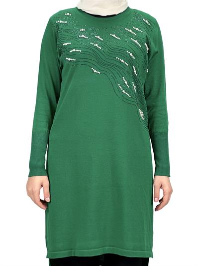 Taşlı Merserize Triko Tunik Yeşil OTW121