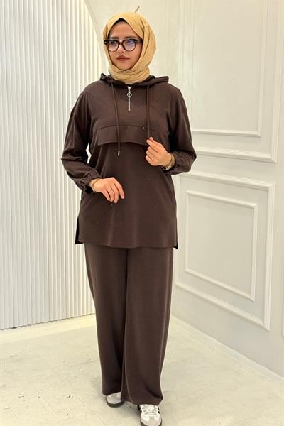 Taşlı Tensel Oysho Pantolonlu Takım Kahve OTW7984