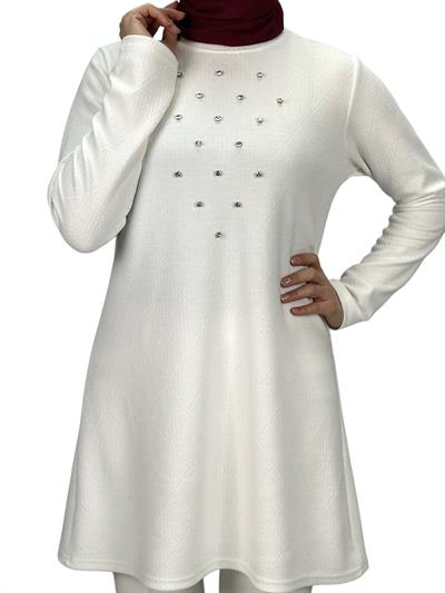 Taşlı Uzun Kollu İçlik Tunik Ekru OTW2121