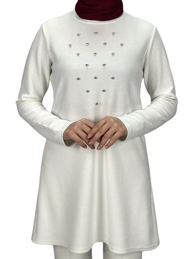 Taşlı Uzun Kollu İçlik Tunik Ekru OTW2121