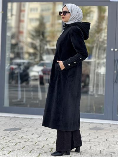 Tay Tüyü Fermuarlı Kapüşonlu Tesettür Kap Siyah OTW36312