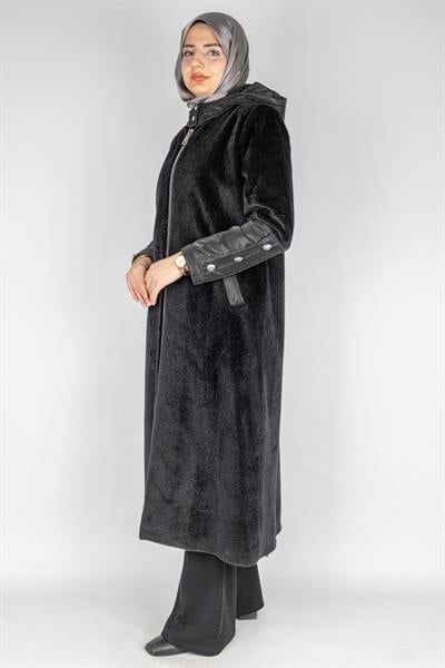 Tay Tüyü Fermuarlı Kapüşonlu Tesettür Kap Siyah OTW36312