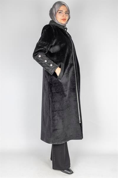 Tay Tüyü Fermuarlı Kapüşonlu Tesettür Kap Siyah OTW36312