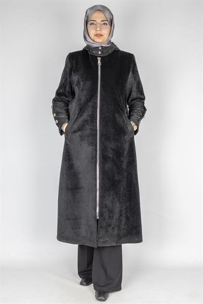 Tay Tüyü Fermuarlı Kapüşonlu Tesettür Kap Siyah OTW36312