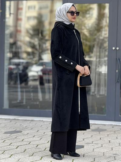 Tay Tüyü Fermuarlı Kapüşonlu Tesettür Kap Siyah OTW36312