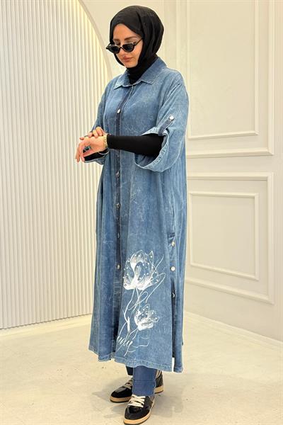 Tensel Kot Desenli Uzun Kap&Elbise Lacivert OTW5636