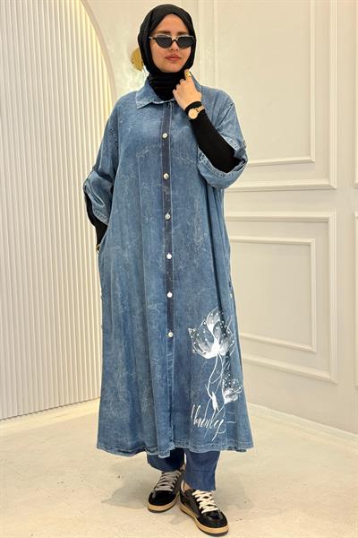 Tensel Kot Desenli Uzun Kap&Elbise Lacivert OTW5636