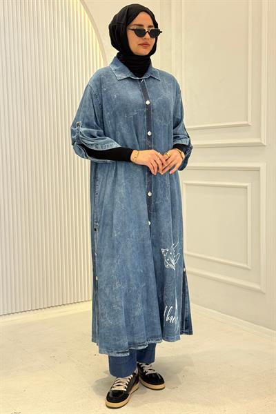 Tensel Kot Desenli Uzun Kap&Elbise Lacivert OTW5636