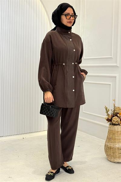 Tensel Kumaş Çizgi Detaylı Tesettür Takım Kahve OTW8609