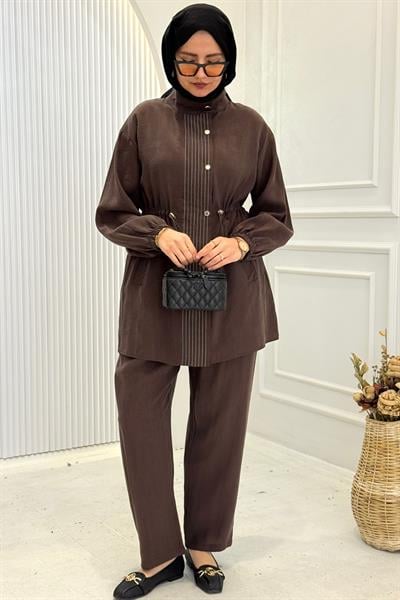 Tensel Kumaş Çizgi Detaylı Tesettür Takım Kahve OTW8609