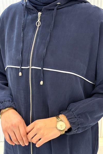 Tensel Kumaş Şerit Detaylı Kapüşonlu Takım Lacivert OTW73060