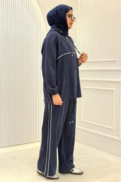 Tensel Kumaş Şerit Detaylı Kapüşonlu Takım Lacivert OTW73060