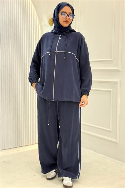 Tensel Kumaş Şerit Detaylı Kapüşonlu Takım Lacivert OTW73060