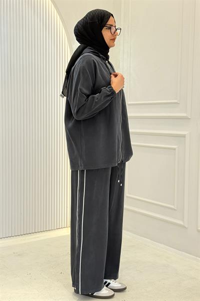 Tensel Kumaş Şerit Detaylı Kapüşonlu Takım Siyah OTW73060