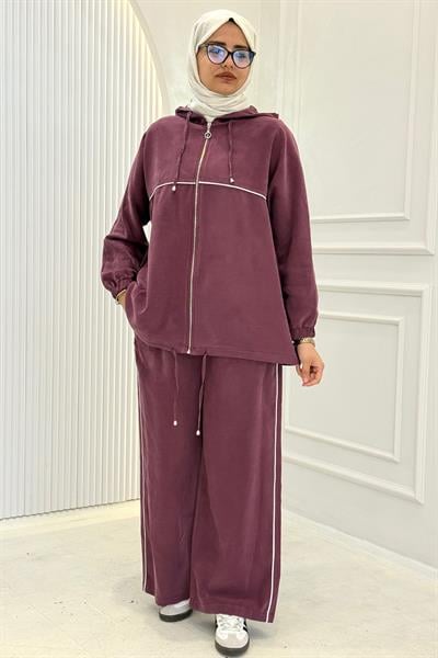 Tensel Kumaş Şerit Detaylı Kapüşonlu Takım Fuşya OTW73060