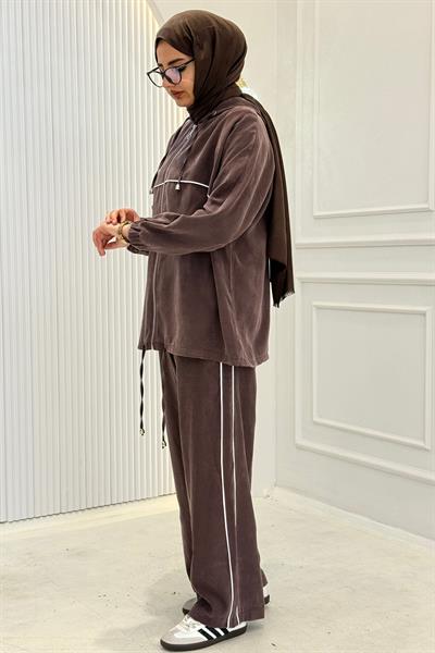 Tensel Kumaş Şerit Detaylı Kapüşonlu Takım Kahve OTW73060