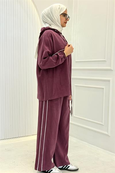 Tensel Kumaş Şerit Detaylı Kapüşonlu Takım Fuşya OTW73060