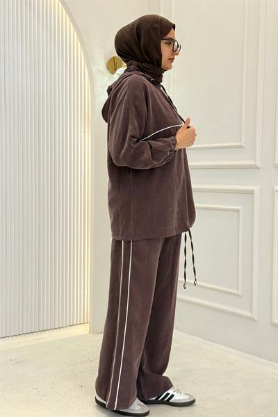 Tensel Kumaş Şerit Detaylı Kapüşonlu Takım Kahve OTW73060