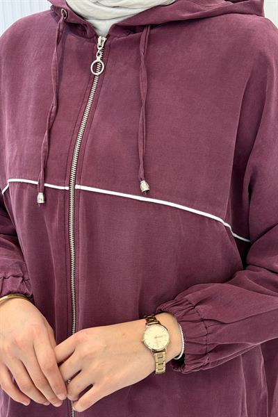 Tensel Kumaş Şerit Detaylı Kapüşonlu Takım Fuşya OTW73060