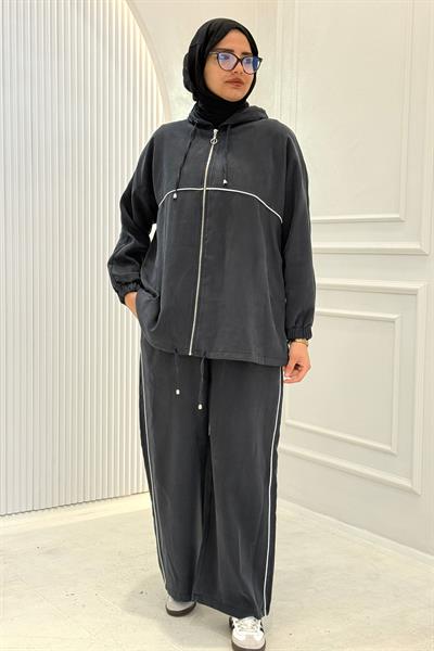 Tensel Kumaş Şerit Detaylı Kapüşonlu Takım Siyah OTW73060