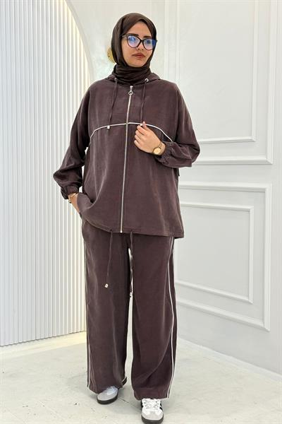 Tensel Kumaş Şerit Detaylı Kapüşonlu Takım Kahve OTW73060