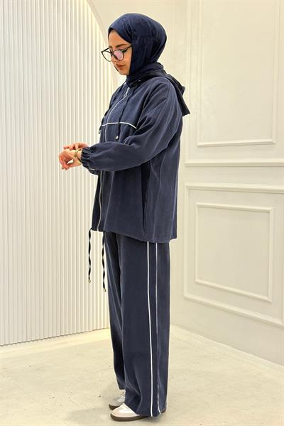 Tensel Kumaş Şerit Detaylı Kapüşonlu Takım Lacivert OTW73060
